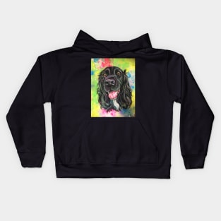 Black cocker spaniel , colourful watercolour background Kids Hoodie